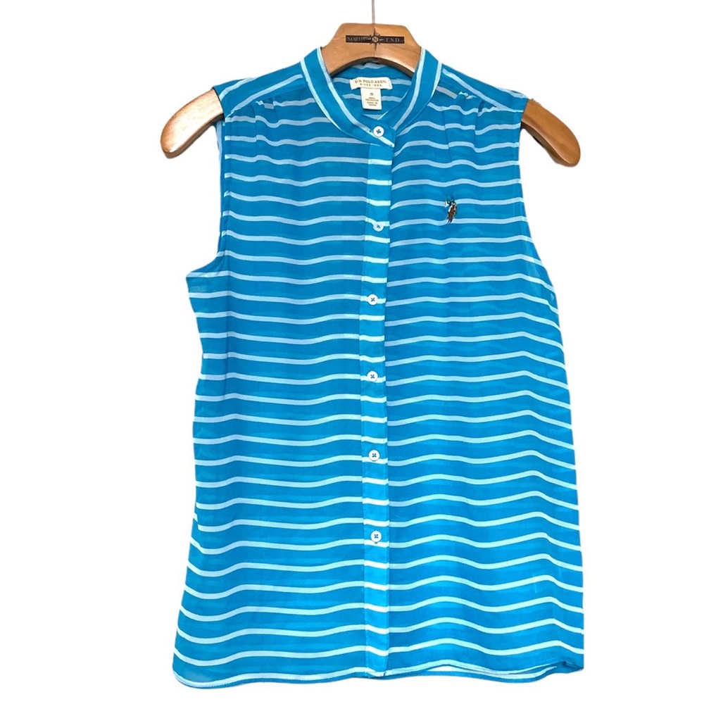 US Polo Assn. EUC Blue White Stripes Sheer Sleeveless Blouse Size Small